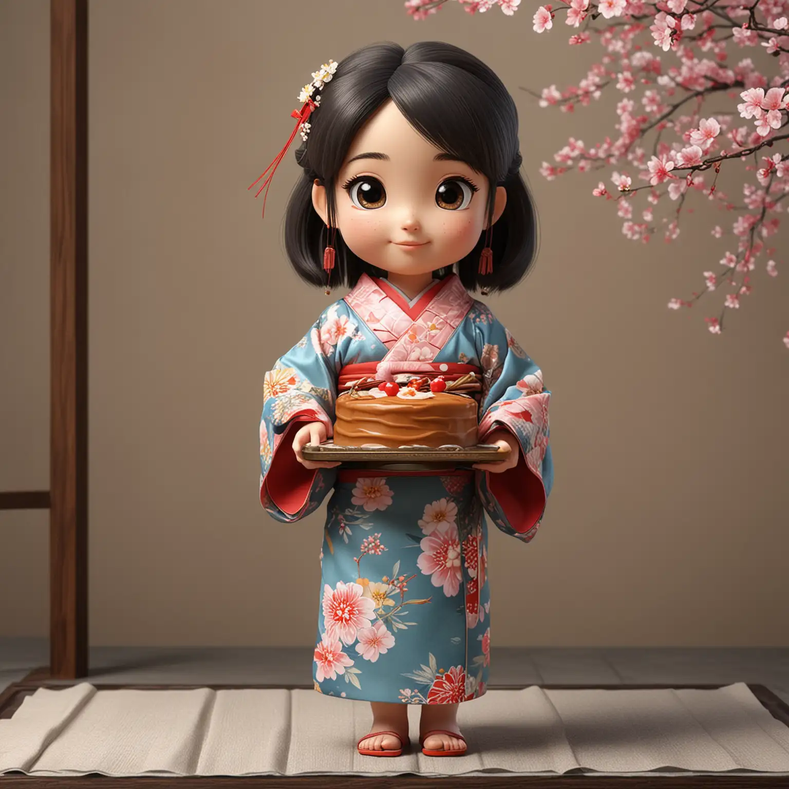 Cute-Cartoon-Girl-in-Traditional-Japanese-Kimono-with-Cake-on-a-Street