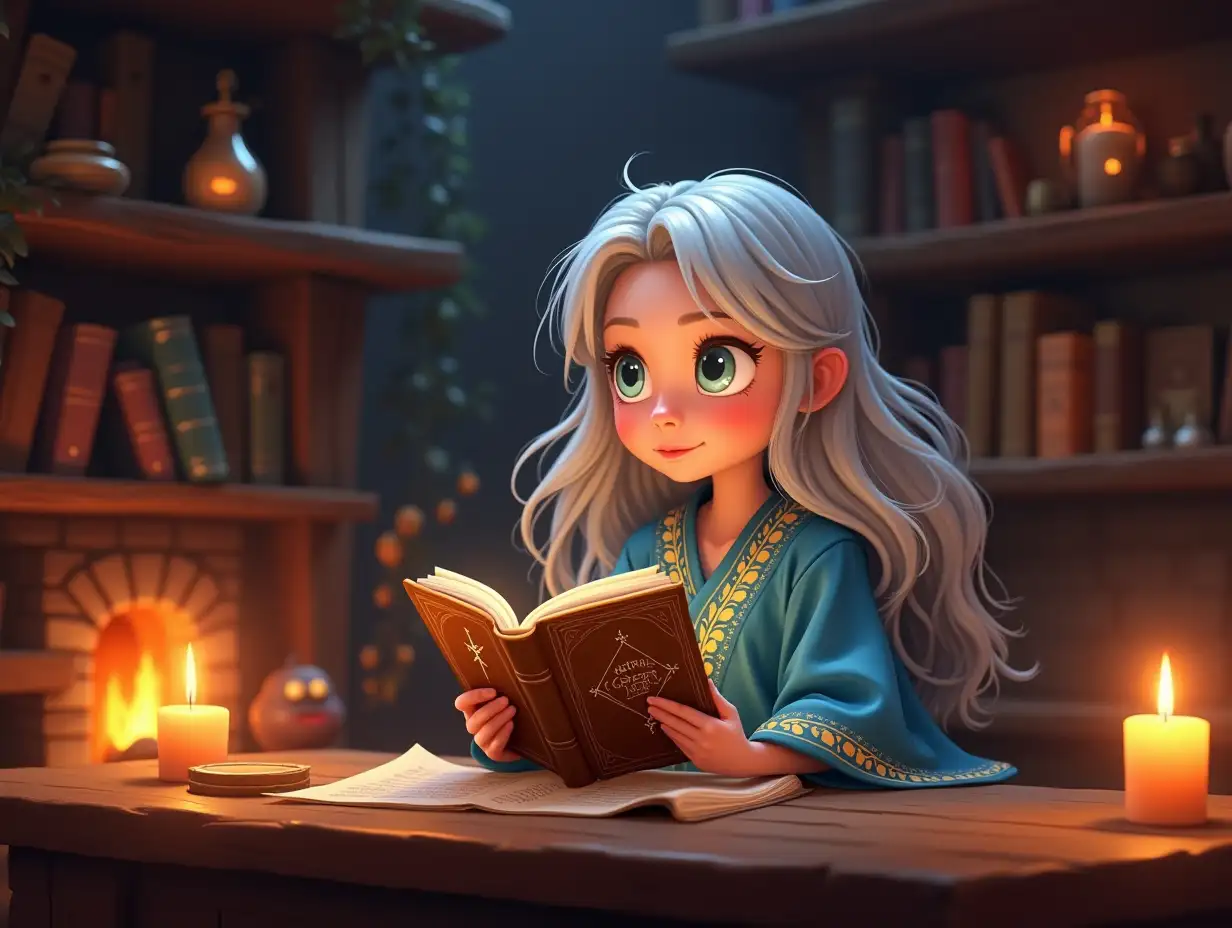 Create a 2D animation in a whimsical and dreamy cartoon style. The setting is a small cozy room filled with bookshelves, glowing potion bottles, and peculiar trinkets, illuminated by the soft golden glow of floating candles and a crackling fireplace. Nova, a young girl with flowing silver hair, her wide eyes reflecting awe and curiosity, wearing a blue robe embroidered with glowing story symbols—stars, books, and quills—that shimmer and shift as if alive, is sitting at a wooden desk, deeply focused on reading an old book with a brown leather cover titled 'Endless Secrets.' The scene should feel dreamy and fantasy-like with soft lighting and gentle movements of the candlelight, lasting 5 seconds, ending with a slight camera zoom-in on Nova’s focused expression.
