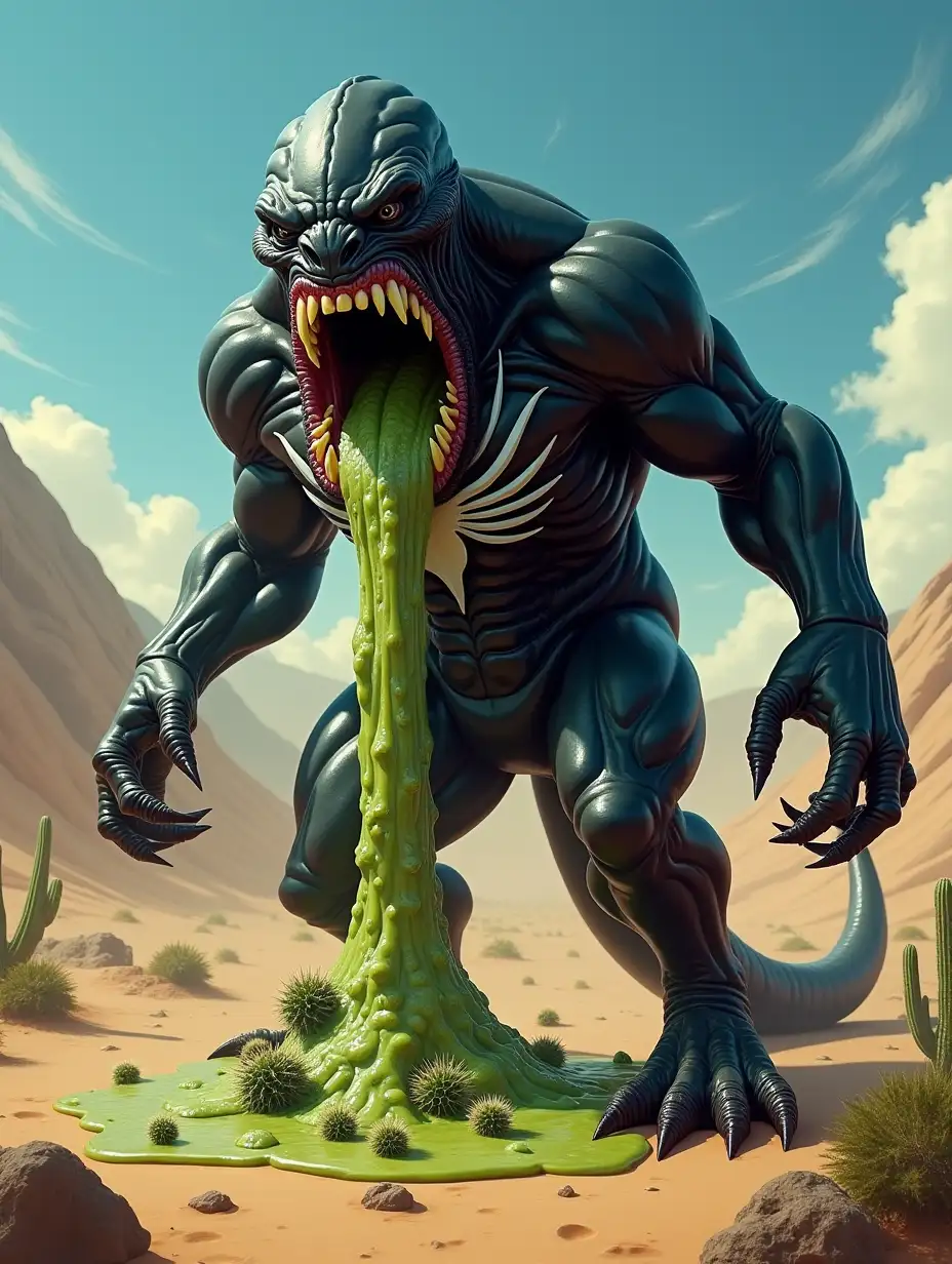 A cinematic, highly detailed digital painting of a monstrous, muscular alien-like creature with a black, glossy body and a white, spider-like emblem on its chest. It has sharp claws, an elongated, toothy grin, and a long, snake-like tongue. The creature is violently vomiting a thick, green, slimy substance mixed with chunks of partially digested cactus. Spiky cactus pieces are visible within the gooey liquid, dripping from its sharp teeth. Its expression shows a mix of pain and disgust as it clenches its claws. The desert landscape features rolling sand dunes, scattered cacti, and a bright blue sky with wispy clouds. The lighting is dramatic, casting shadows and highlights on the creature’s sinewy muscles and the rough texture of the vomited cactus remains. The scene blends grotesque humor with intense detail.