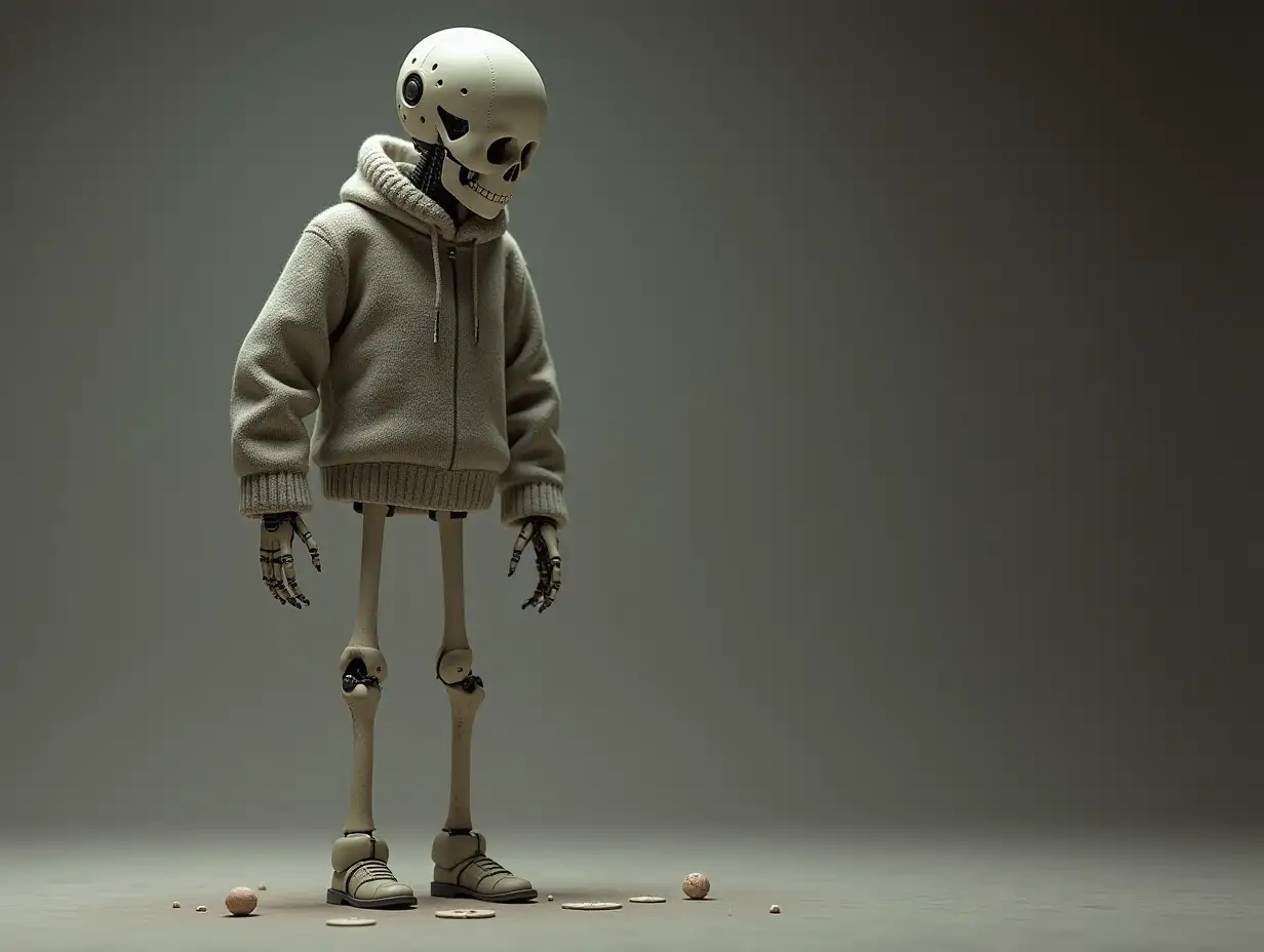 Create a high-resolution, realistic image of a robot standing with a skeletal body, porcelain hands and porcelain head, sweater, hat and legs on the floor in 4k resolution Steampunk 8k quality