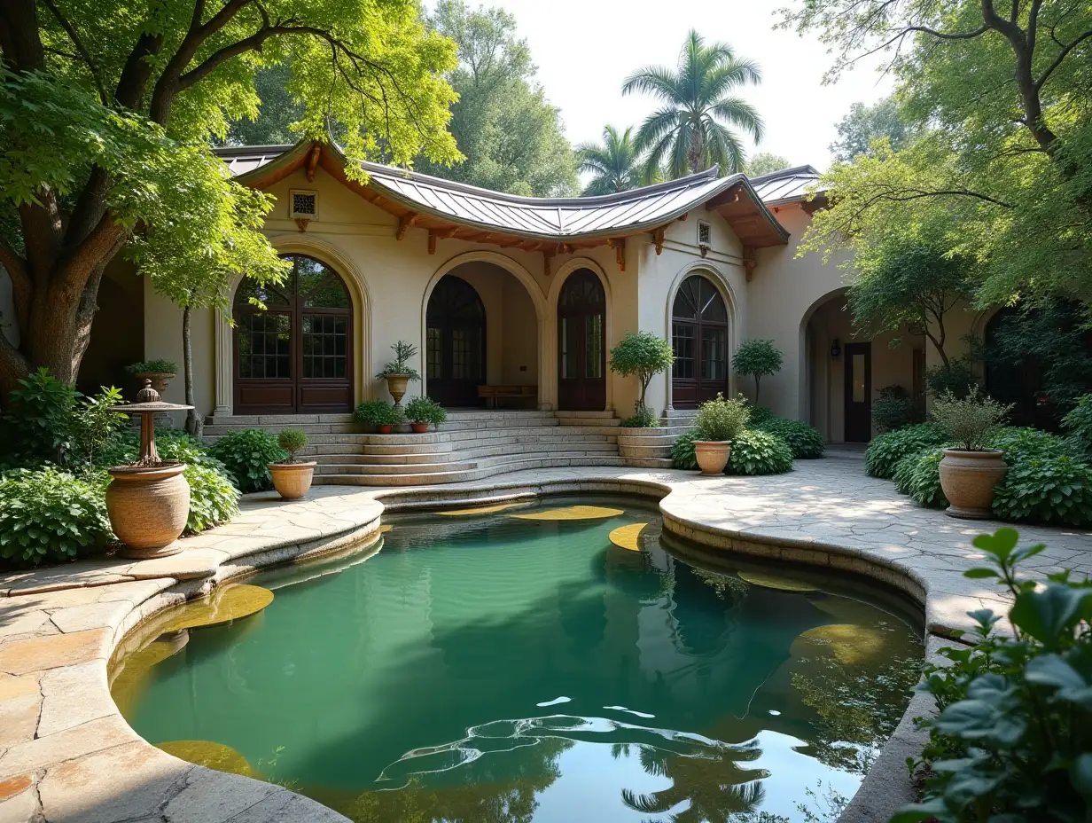 crooked house pond in the garden  planting-with stucco in the form of plant decoration, large windows with glass closed, curved, smooth window shapes, winding large entrance steps made of marble complex curved roof with dike,Lanterns,Bench apple tree 4K resolution colorful superwide-angle shots