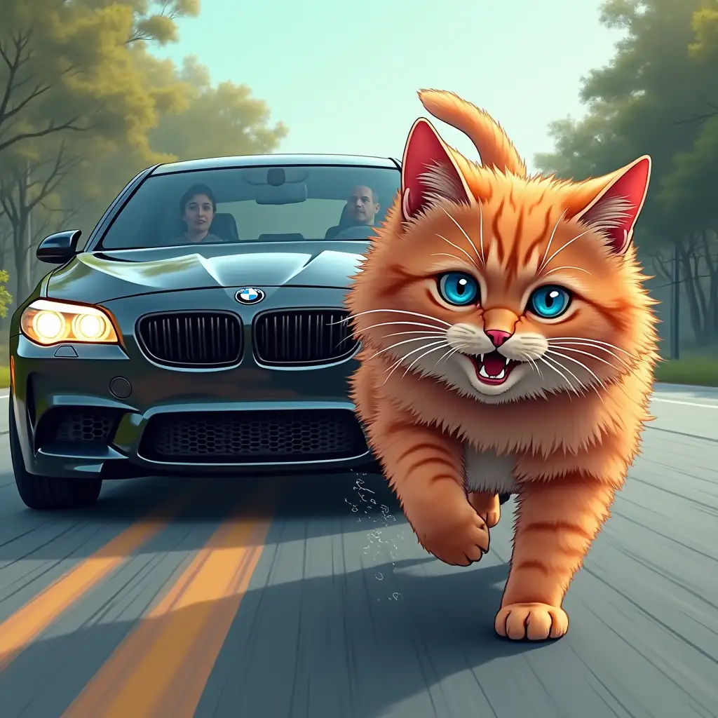 a black BMW m5 with tinted windows chasing a fluffy red cat with blue eyes, who is running scared on the road, comic style, close-up