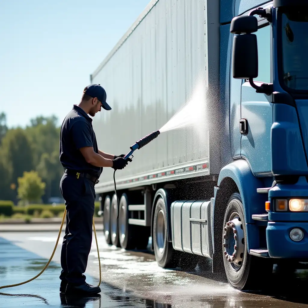 A realistic image of a mobile fleet washing service, showing a truck being washed with high-pressure water by a professional worker in uniform. The truck is sparkling clean, and the background shows a well-maintained outdoor setting. Ideal for representing fleet washing services.