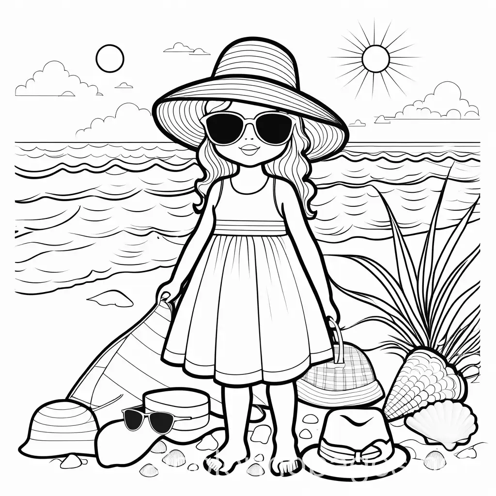 Children-Coloring-Summer-Beach-Scene-with-Seashells-and-Sunglasses