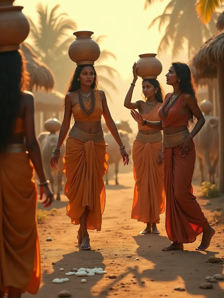 Rural-Indian-Village-Scene-at-Sunrise-with-Women-Carrying-Earthen-Pots