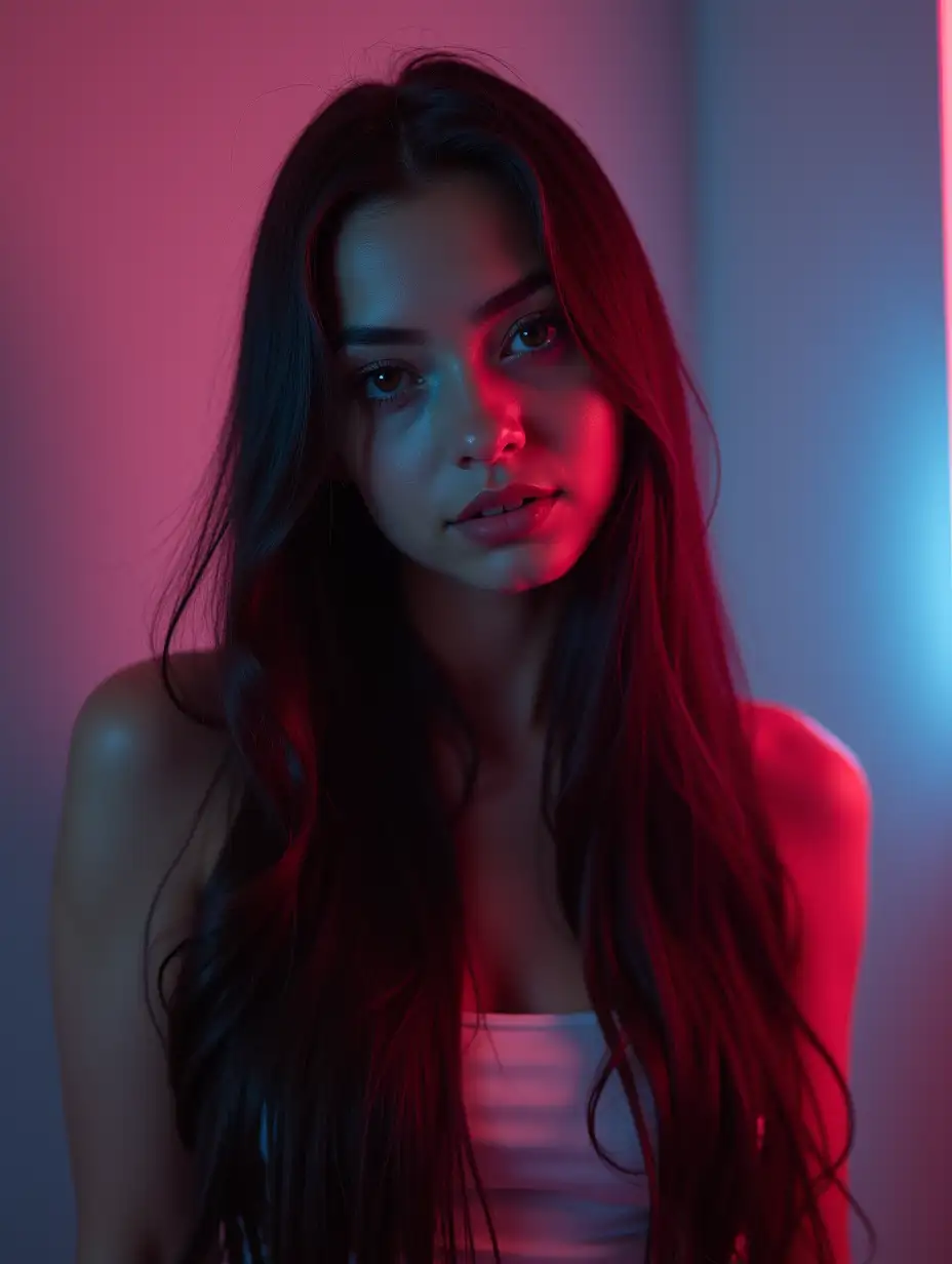 The girl has long, luxurious hair. The girl's face is visible, but the emphasis is on the hair.The background should be smooth and modern, with unobtrusive neon lighting and evaporation effects., A real girl is real