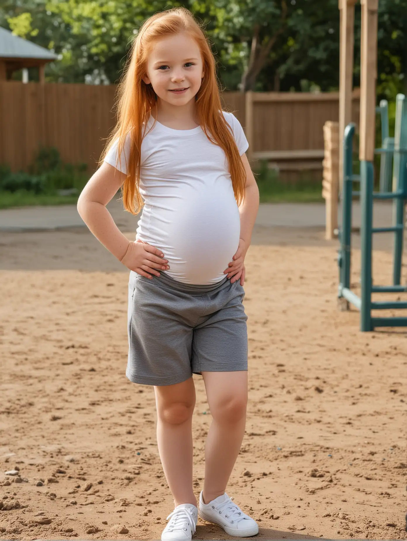 Young-Girl-with-Long-Ginger-Hair-and-Pregnant-Belly-at-Playground