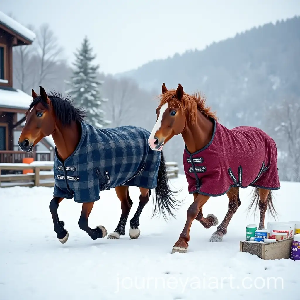 Joyful-Horses-in-Snowy-Winter-Scene-with-Rustic-Barn-and-Feed-Supplement-Bags