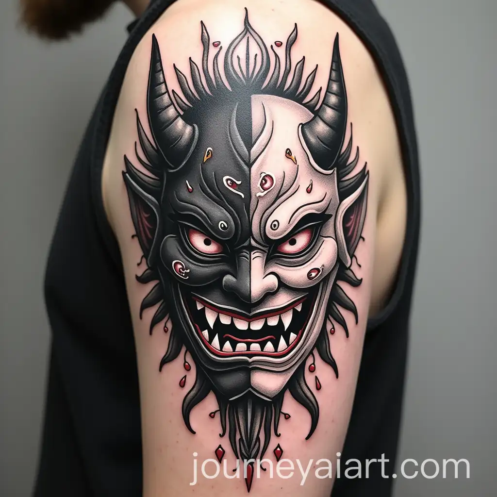 Intricate-Split-Face-Tattoo-Oni-and-Hannya-Masks-in-Blackwork-Style