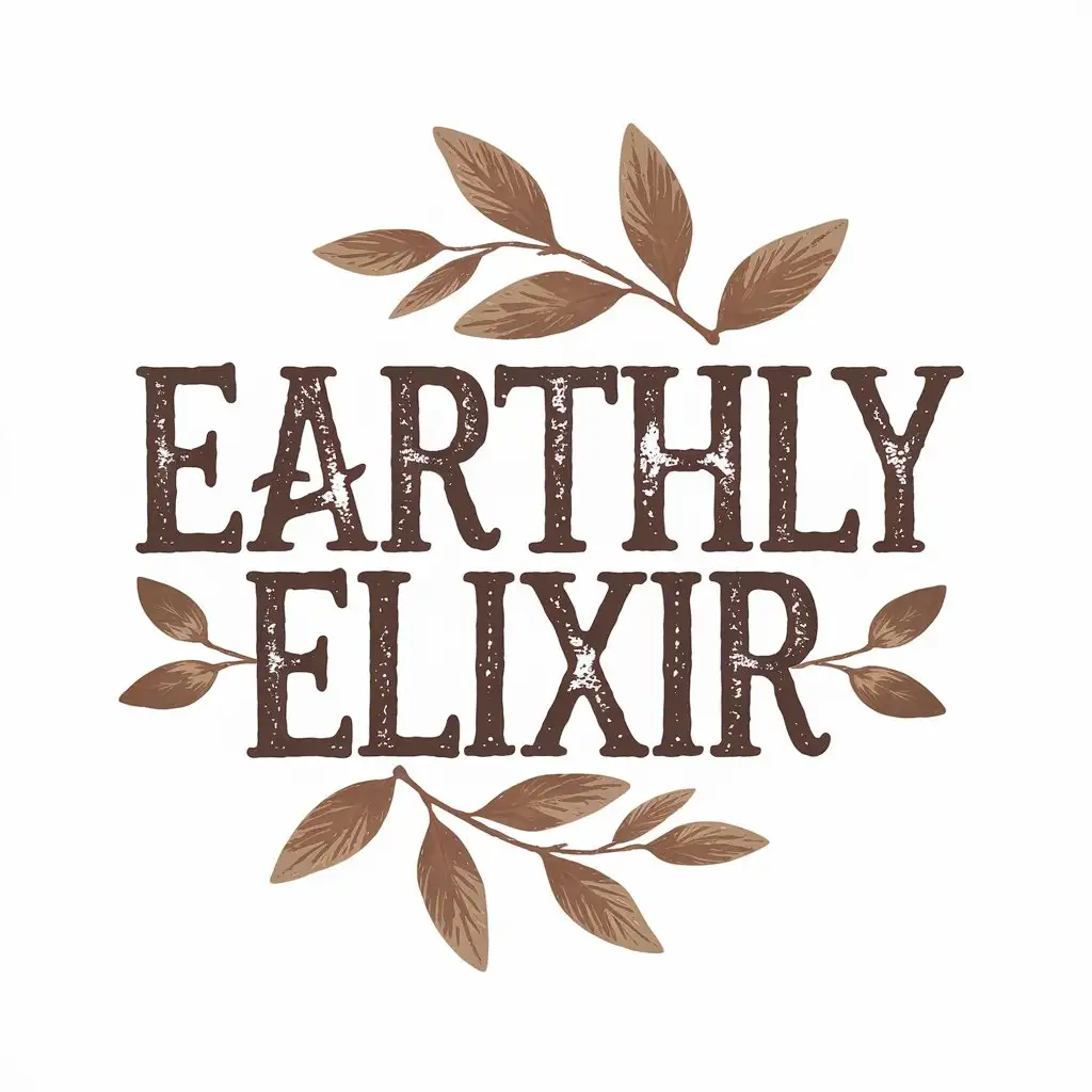 Earthy Elixir Typography with Leaves on White Background