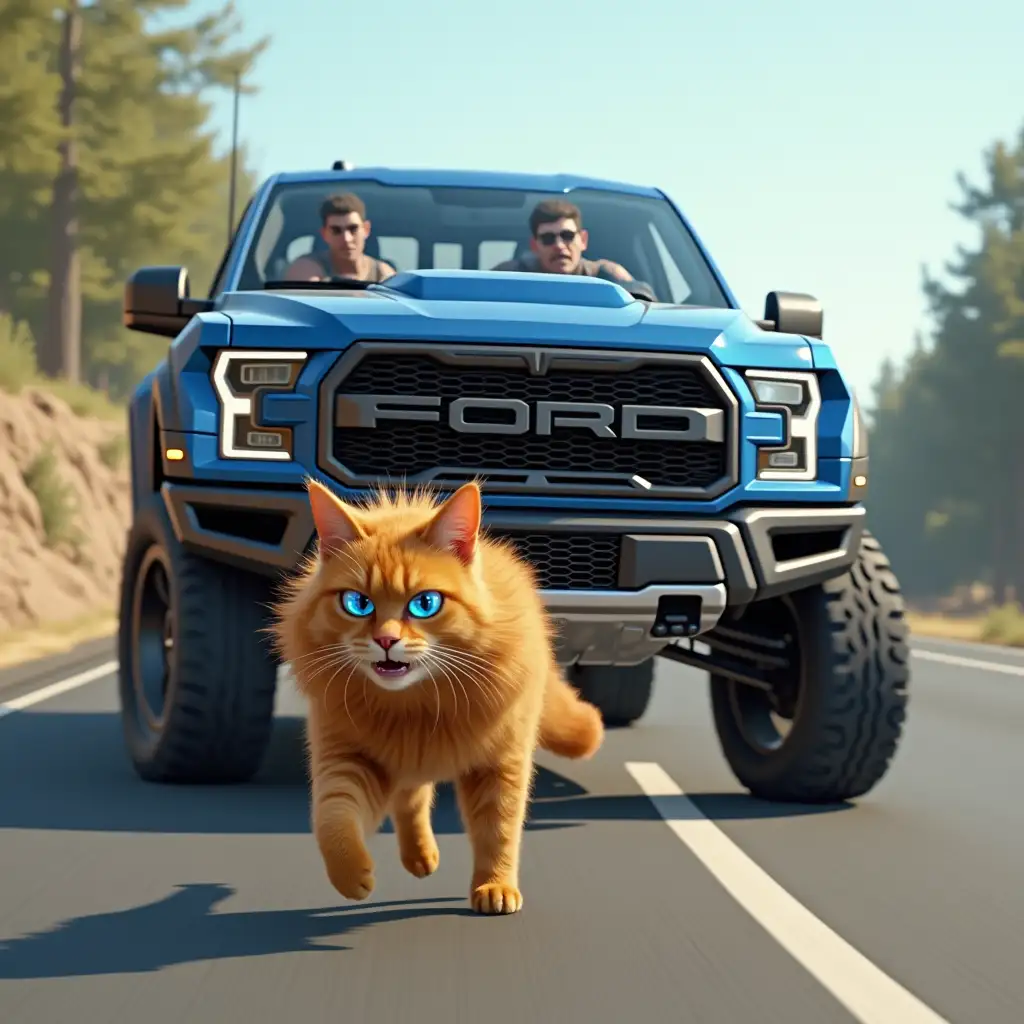 Big blue ford f-150 raptor chasing a shaggy ginger cat, who is running away in terror down the road, one eye of the cat is blue, and the other is yellow, inside the car are some scary punks, computer graphics