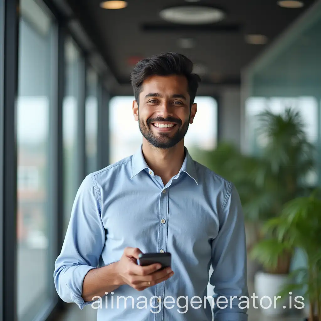 24YearOld-Indian-Male-Professional-Smiling-with-Mobile-in-Modern-Office