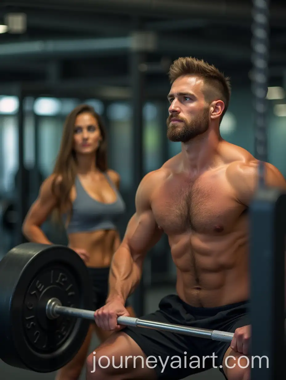 Handsome-Man-Squatting-with-Barbell-in-Gym-with-Woman-Gazing-Admiringly