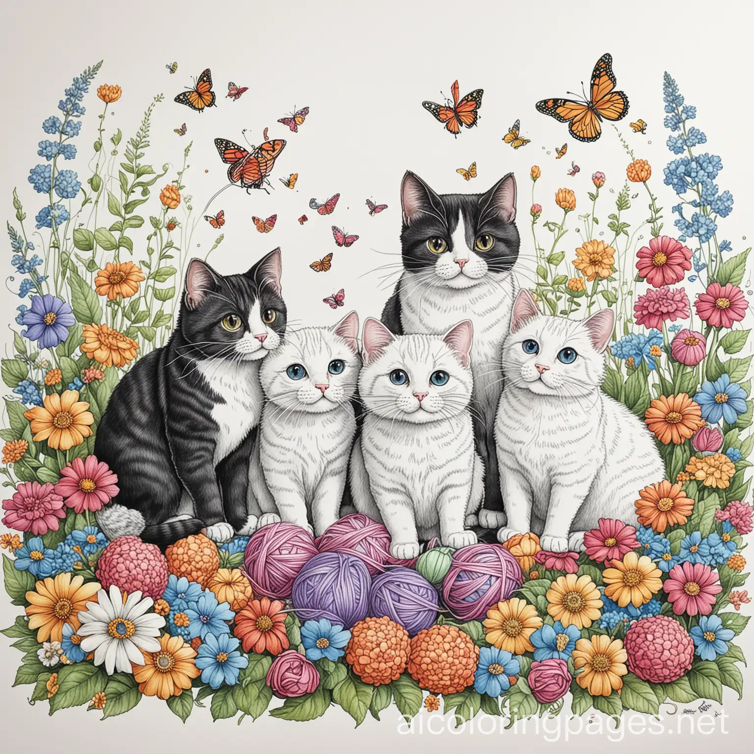 Whimsical-Cats-Playing-with-Yarn-and-Flowers-Coloring-Page