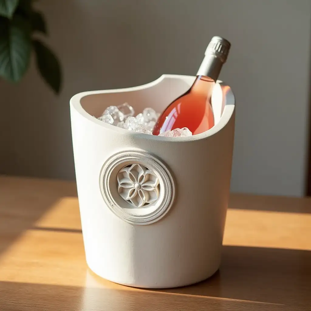 A detailed product image of a wine bottle bucket crafted from white limestone, inspired by the iconic Trani stone. The bucket features a smooth, robust design with a finely milled central engraving of a Romanesque-style rose window. Inside the bucket, a chilled bottle of rosé wine is nestled in crushed ice, its soft pink hue contrasting with the matte stone. Set on a wooden table, illuminated by soft, natural light.