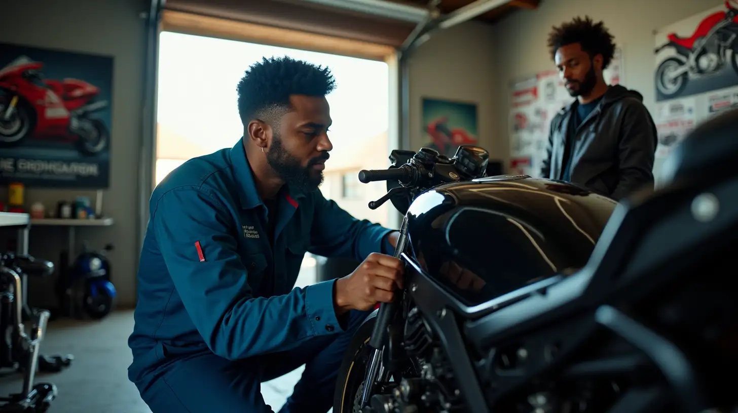 Young Mechanic Working on a Sleek Black Superbike in Garage