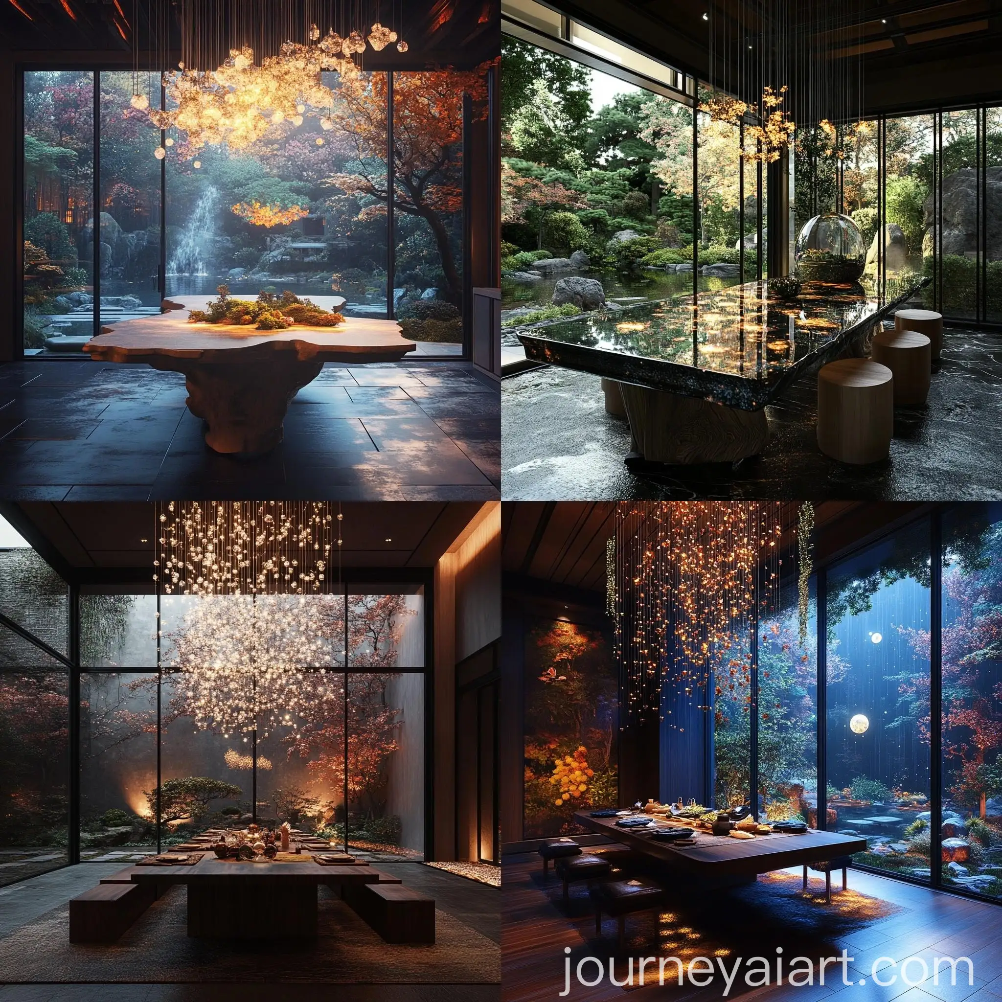 Luxurious-Dining-Room-with-Japanese-Garden-View-and-Artisan-Furniture