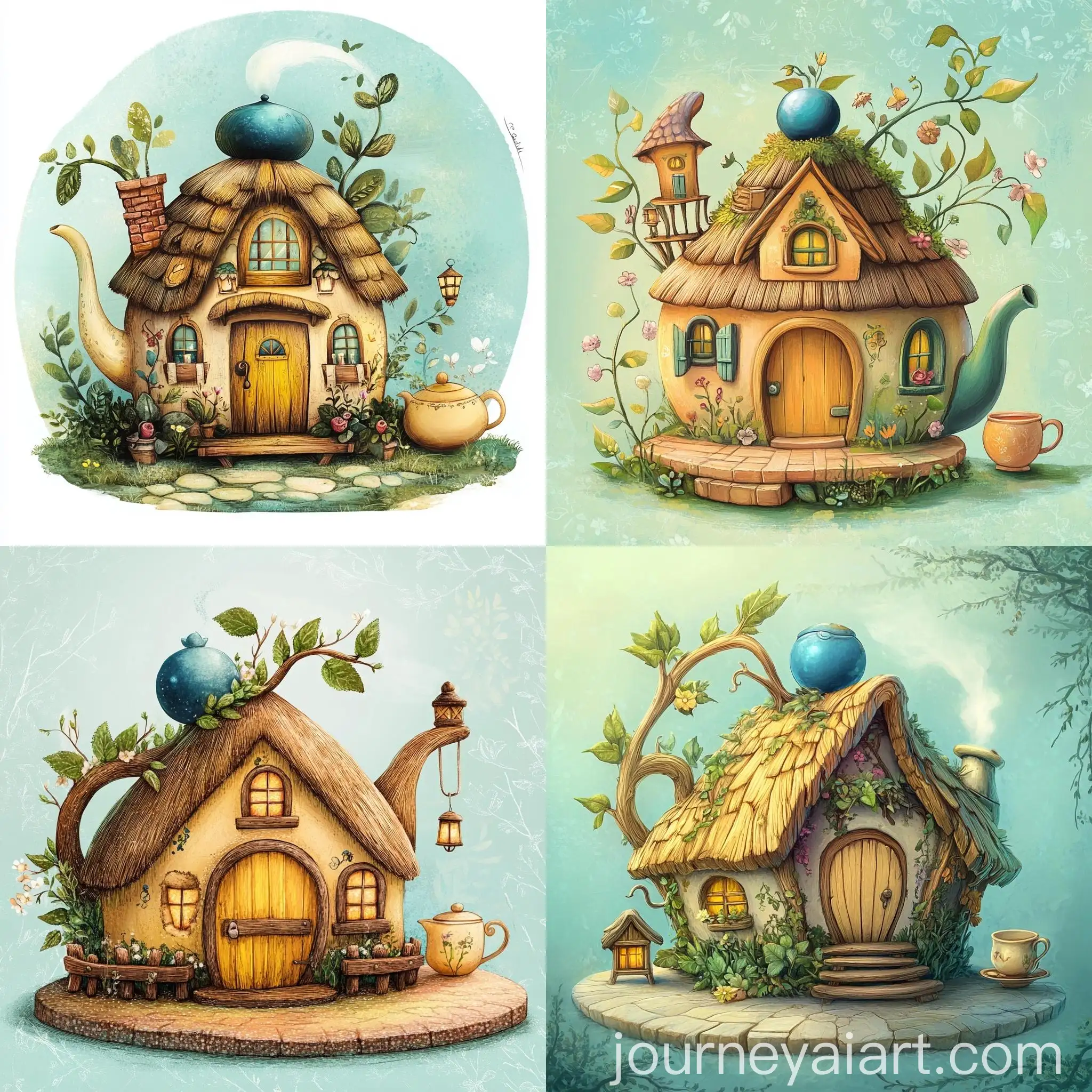 Whimsical-Teapot-with-Thatched-Roof-House-and-Lanterns