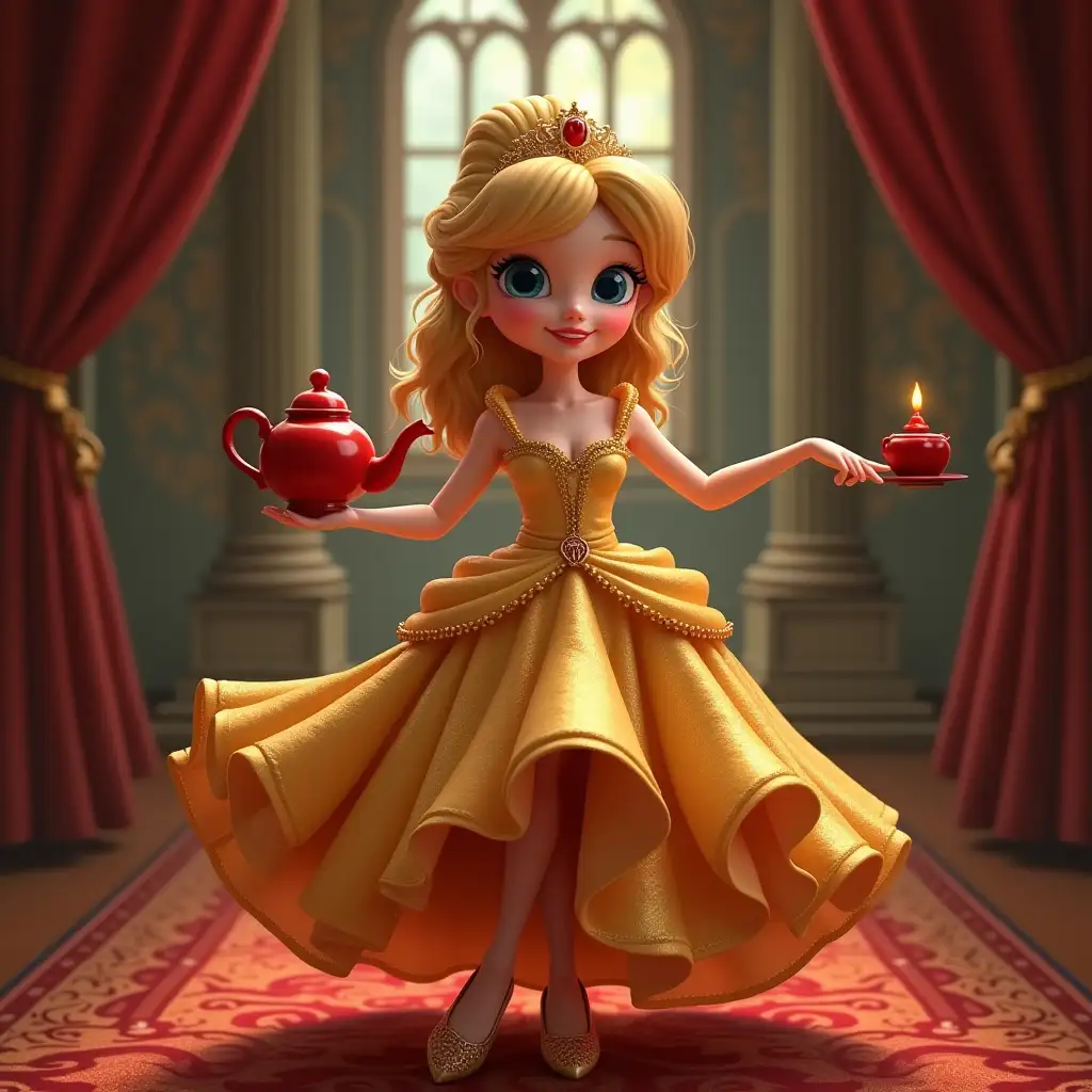 Lady Cinderella gold red dress with glass slippers in a palace with teapot with eyes mouth nose,teeth with eyes mouth nose