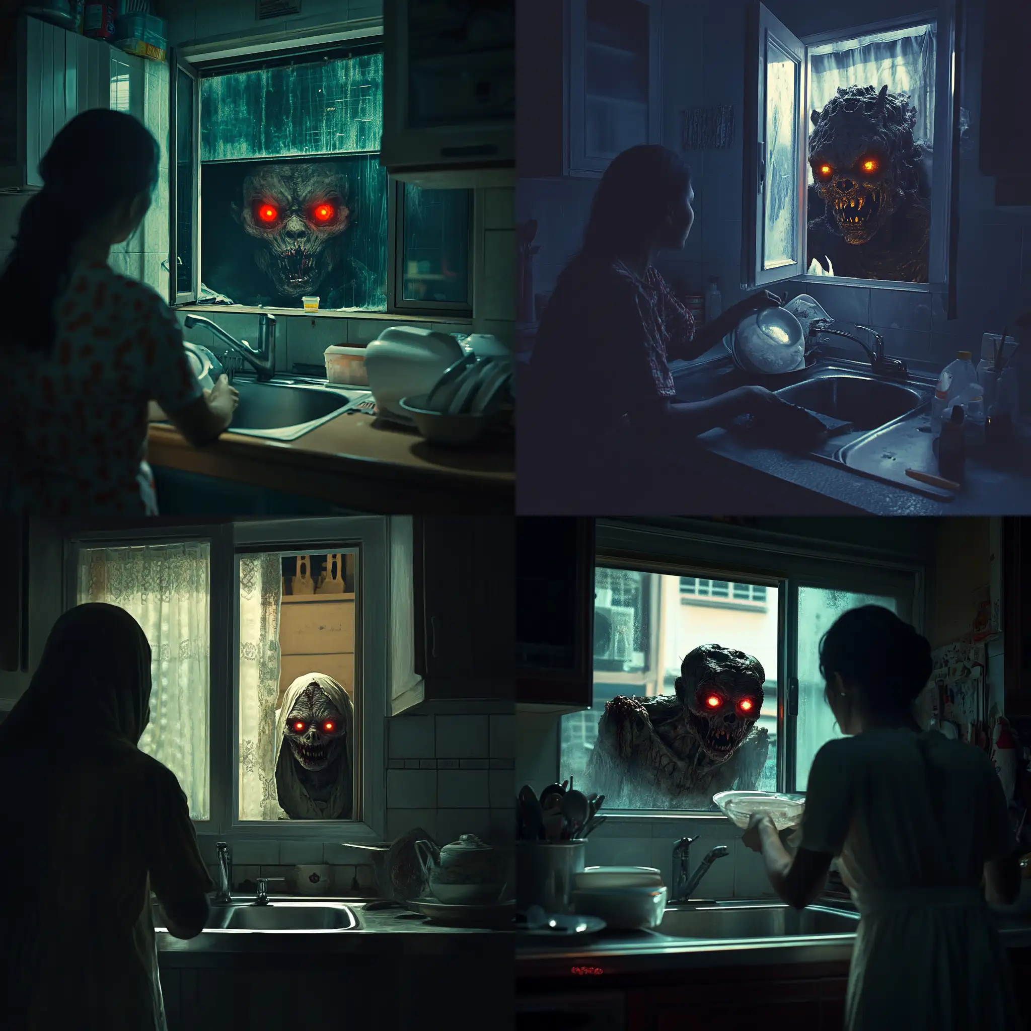 Malay-Woman-Washing-Dishes-at-Night-with-a-Terrifying-Pocong-Outside-the-Window