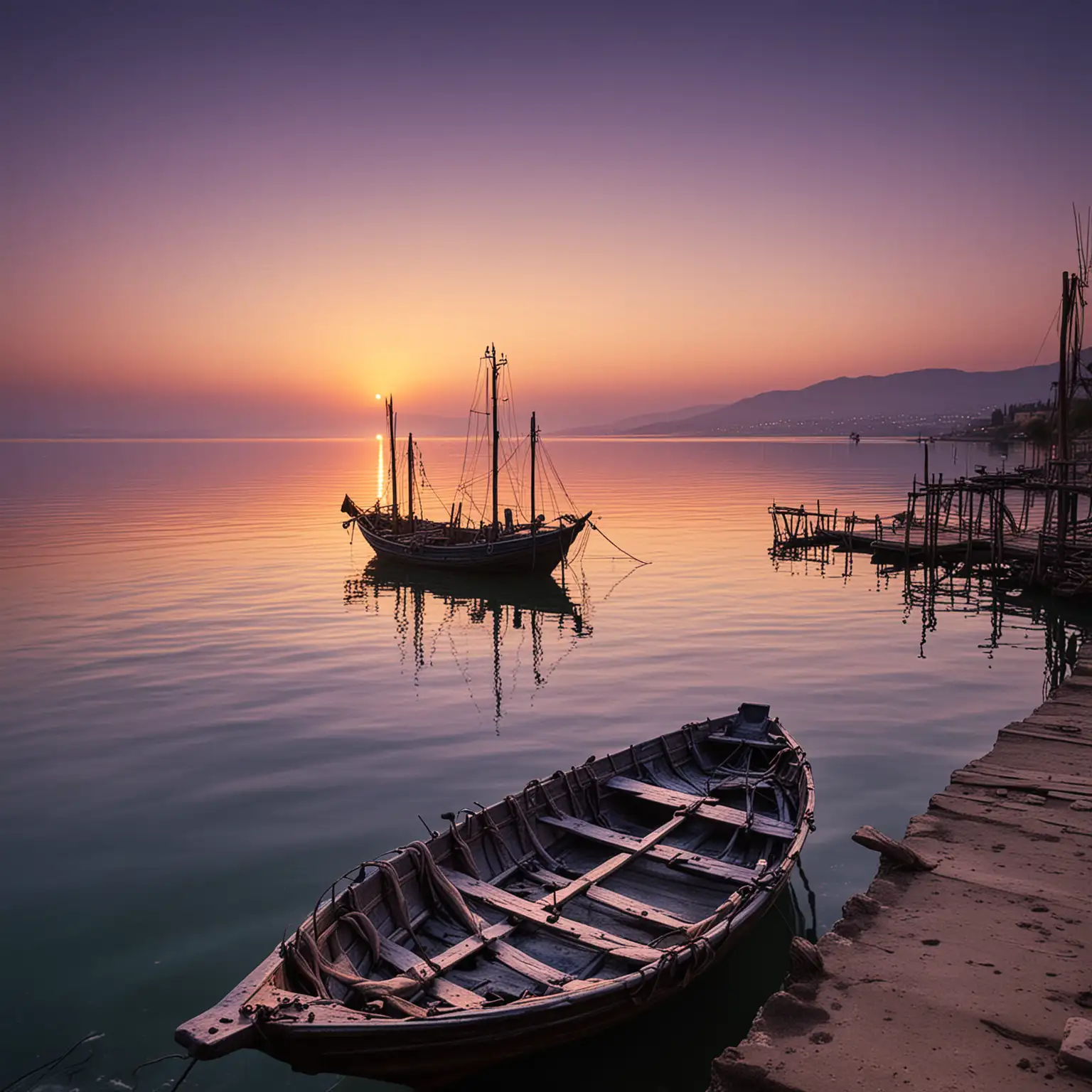 Photography, dreamy, close-up, fishing boat on the Sea of Galilee in ancient Israel, boat tied to pier, nets prepared but unused, water mirroring the sky’s colors, fishing village with coastal charm in the background with torches lighting, close-up shot, rich and vivid sunset colors of blue, purple and black, 8k resolution, resembling a poetic ink landscape in Chen Jialing’s style.