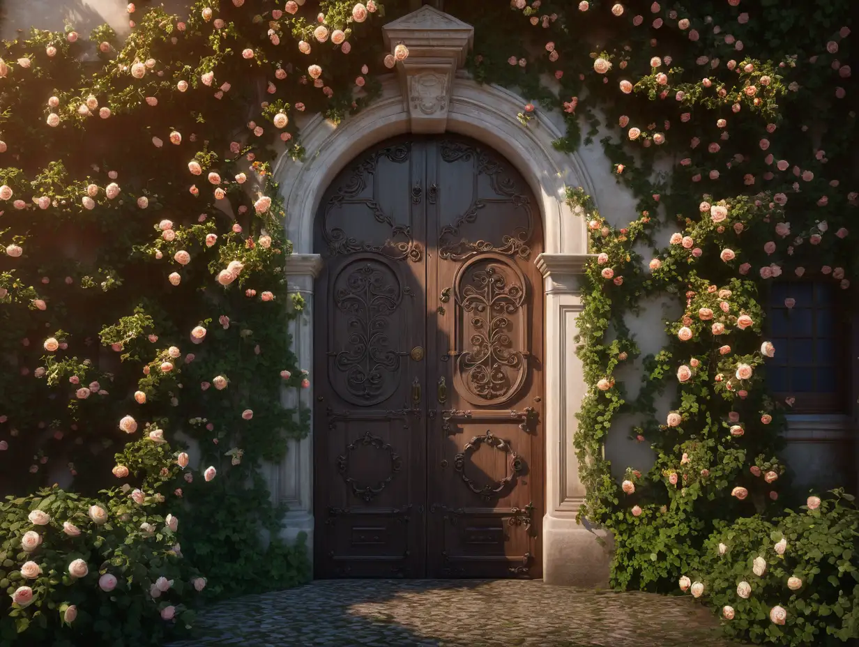 Romantic Ivy Adorned European Door with Rose Bushes