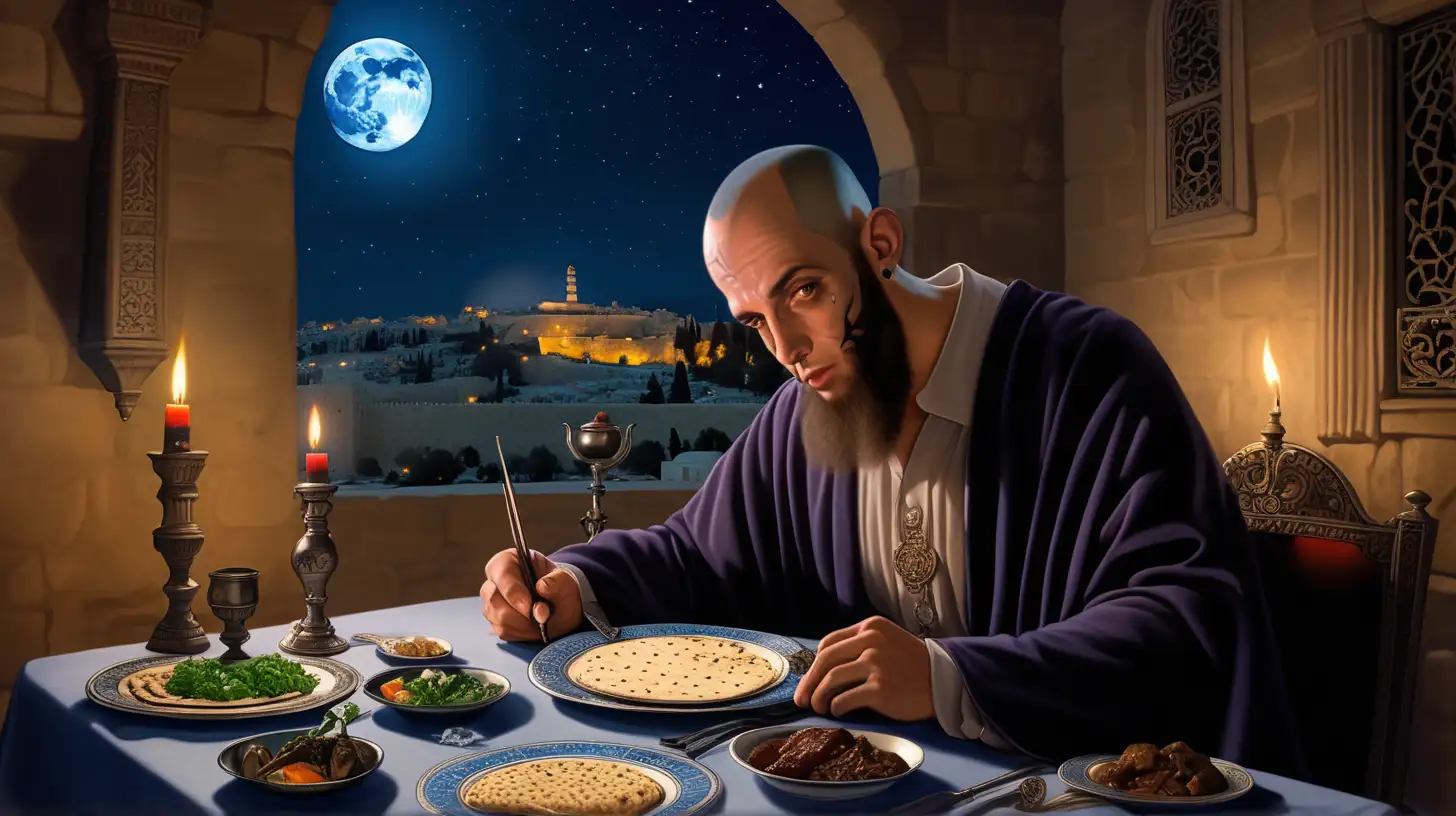 Hebrew Man Feasting Under a Moonlit Jerusalem Sky