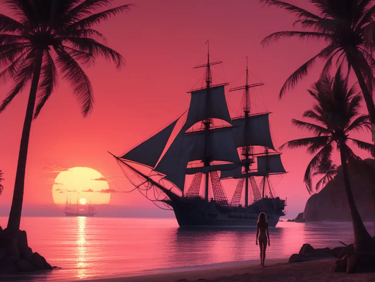 Silhouette-of-a-Girl-Escorting-an-Old-Frigate-at-Crimson-Sunset