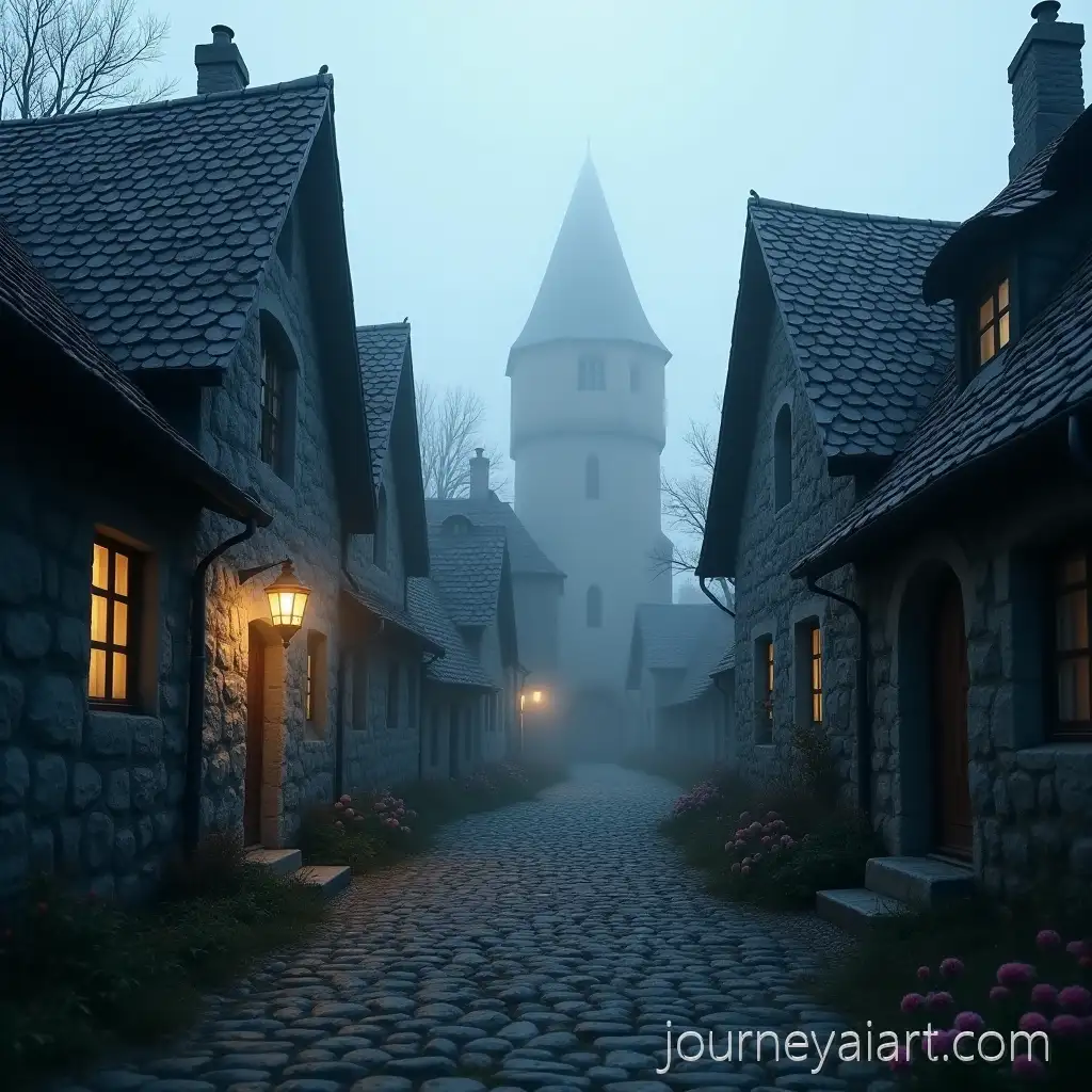 Misty-Medieval-Village-Street-at-Dusk-with-Cobblestone-Path-and-Stone-Tower