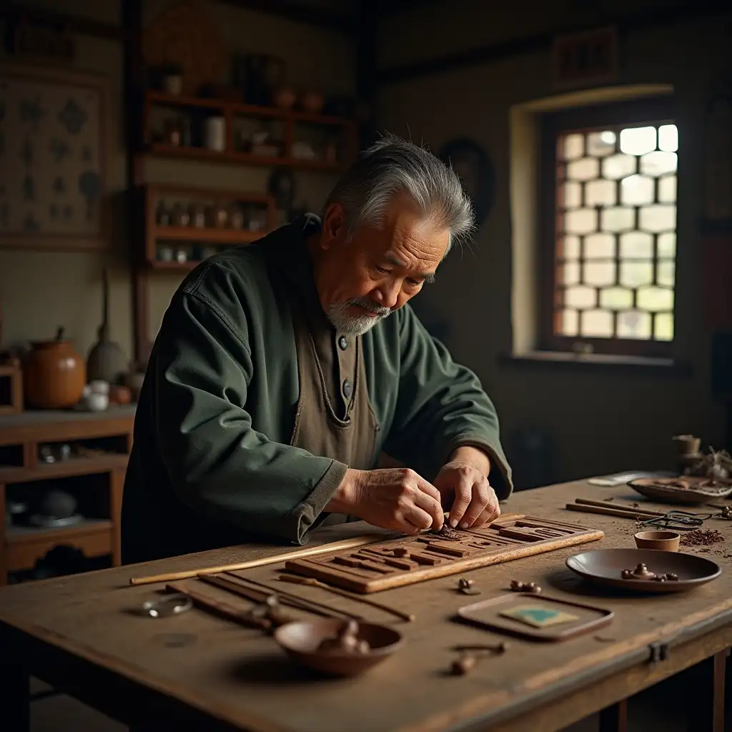 Chinese-Craftsman-Creating-Traditional-Handicrafts-in-a-Retro-Setting