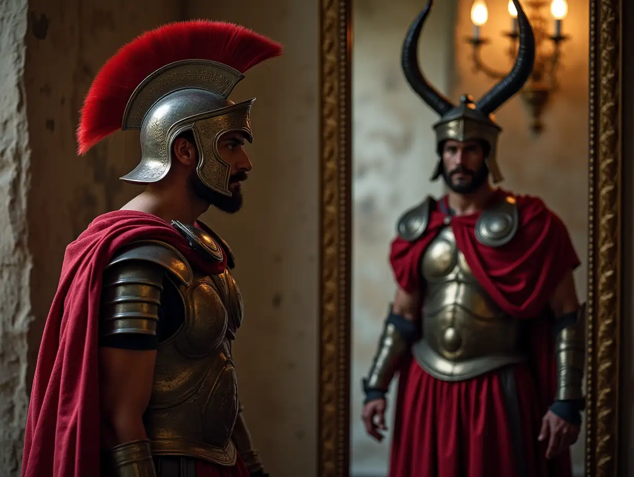 a roman soldier looks in a mirror while a demon unties his armor from the back without him knowing.