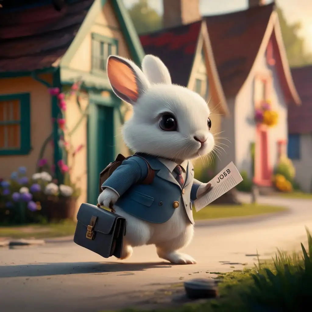 A little white rabbit goes out to find a job