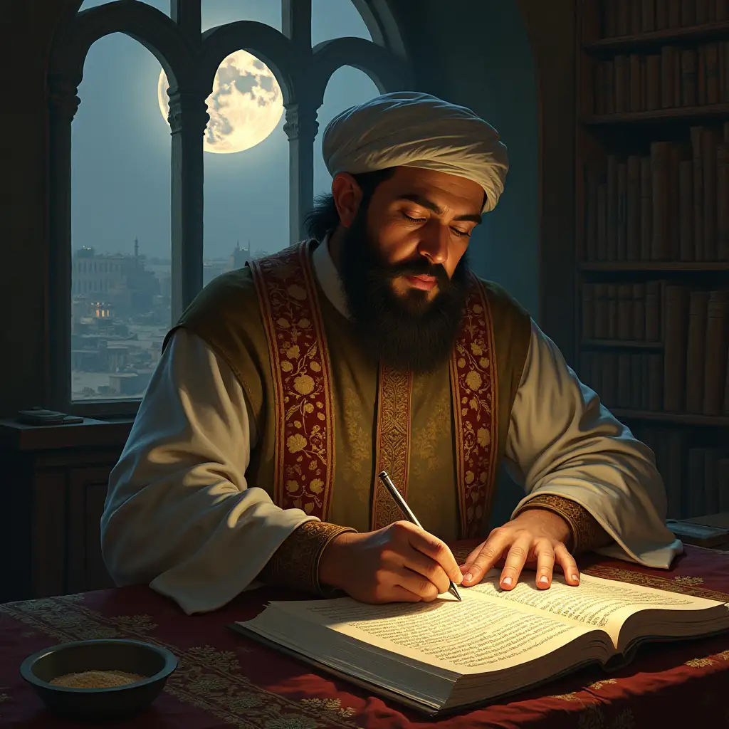 image of Ferdowsi the poet with Iran map and pen in hand writing poetry and moon light shining on him from the window