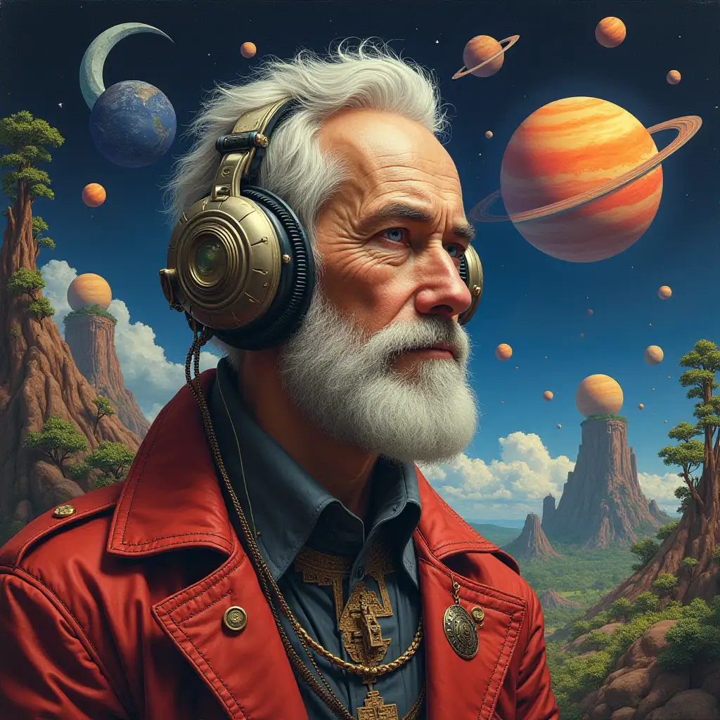 Hyperrealistic portrait of a multiverse time traveler and various foreign beings The elaborately detailed, colorful wooded planets in the background