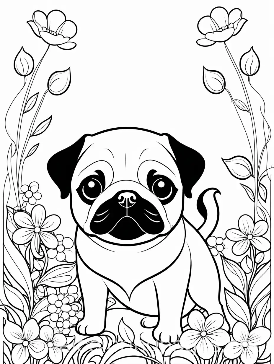 black and white coloring book page cartoon style pug playing in flowers, Coloring Page, black and white, line art, white background, Simplicity, Ample White Space. The background of the coloring page is plain white to make it easy for young children to color within the lines. The outlines of all the subjects are easy to distinguish, making it simple for kids to color without too much difficulty, Coloring Page, black and white, line art, white background, Simplicity, Ample White Space. The background of the coloring page is plain white to make it easy for young children to color within the lines. The outlines of all the subjects are easy to distinguish, making it simple for kids to color without too much difficulty