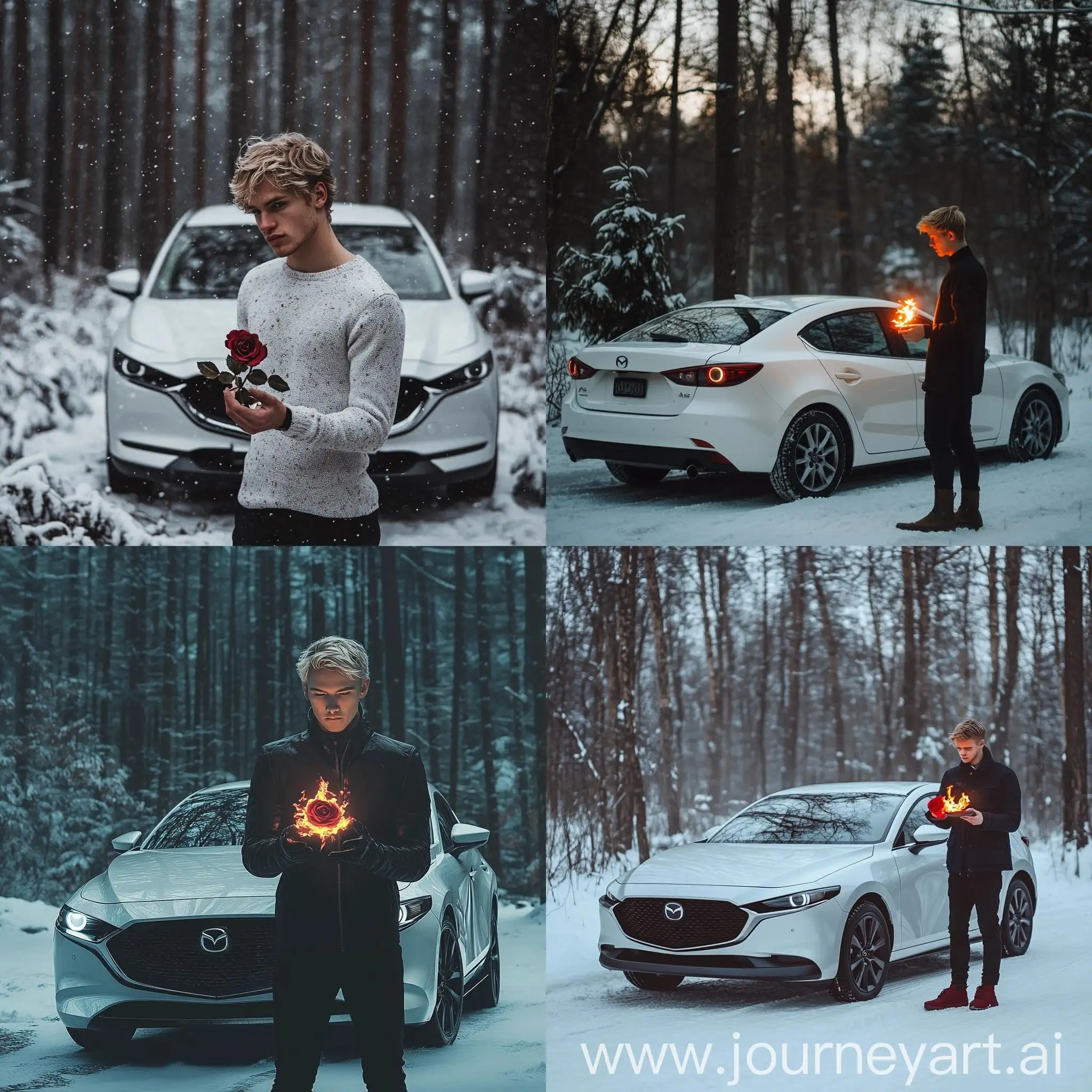 Young-Man-Holding-Burning-Rose-by-White-Mazda-Axela-in-Winter-Forest