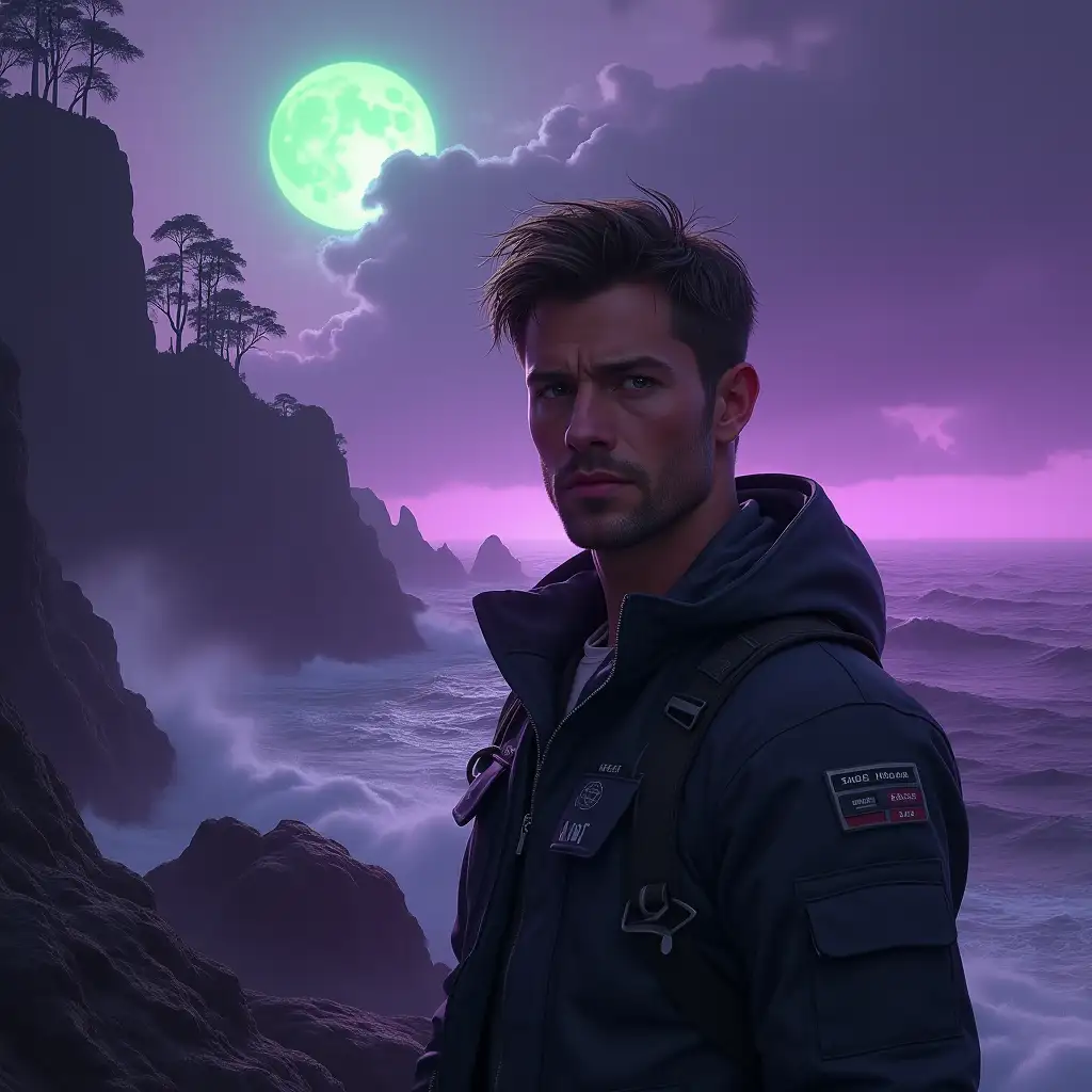 Portrait of a rugged male space captain in his late 20s, youthful face with subtle stress lines, tousled brown hair with few grey streaks, intense eyes, wearing a simple dark civilian flight jacket, basic tech-fabric clothing, standing on dramatic rocky cliffs overlooking violent purple seas, jagged black rocks jutting from turbulent waters, towering cliff faces with silhouetted alien trees, glowing green moon casting ethereal light through purple storm clouds, bioluminescent mist, crashing waves creating purple spray, volumetric lighting, moody rim lighting, cinematic composition, hyperrealistic detail, character concept art, high-end digital painting, artstation trending, 8k detail, modern civilian aesthetic