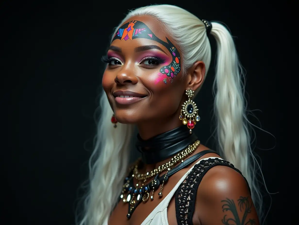 Depiction of a beautiful African woman with makeup, a smile on her face-tattoo, futuristic long white hair with black-white hair and laced boots, with intricately detailed, colorful and futuristic jewelry. Black background blurred 120-mm shot