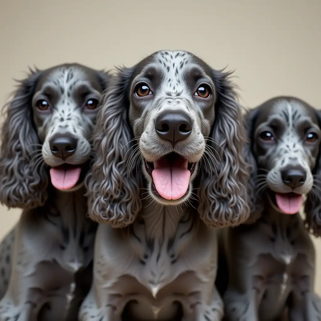 a group of grey spot cocker spaniel with a long thin nose with big eyes and open mouth