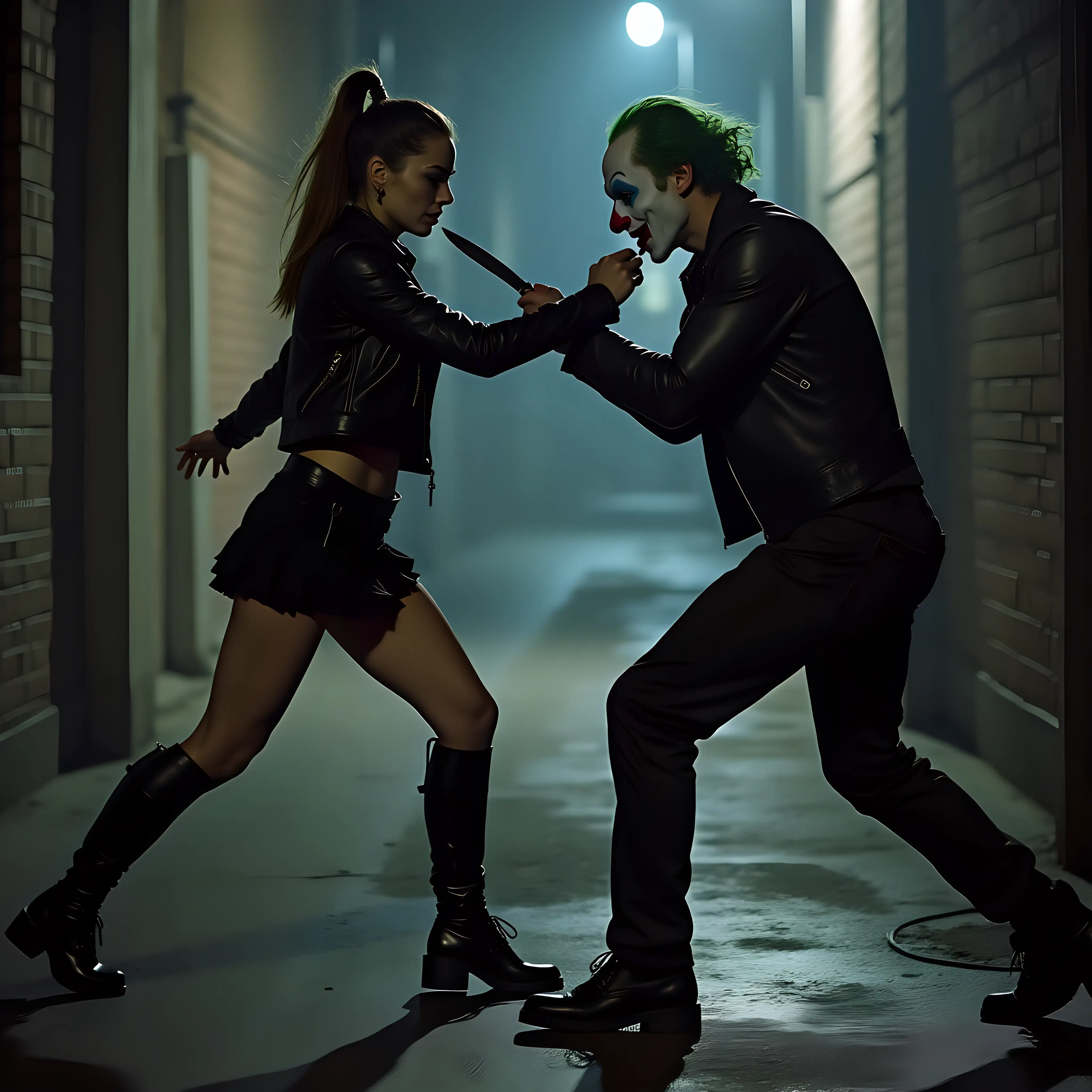 Knife-Fight-in-Dark-Alley-Between-Pretty-Girl-and-Clown-at-Night