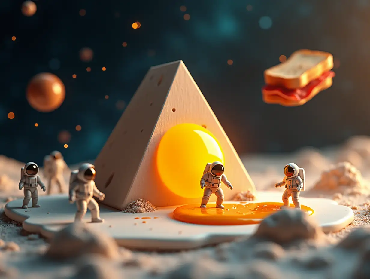 Create a mesmerizing animation of astronauts exploring a surreal alien landscape where a giant wooden climber triangle serves as Earth. The scene begins with a slow zoom out of space, revealing the cosmic breakfast planet. The tiny astronauts carefully walk across the surface of the egg white, their boots digging into the soft texture. The yolk glows and looks slightly molten as it reacts to light. A robotic rover scans the surface, while a tall space station built on the edge of the yolk sends out radio signals with flashing lights. In the background, floating asteroids shaped like breakfast items—toast and bacon strips—move through space. Stars twinkle, and the planet’s atmospheric glow slowly fades. The animation should include the astronaut's delicate movements, flickering control panels, and soft space dust floating in the air, creating an immersive and eerie sci-fi environment.