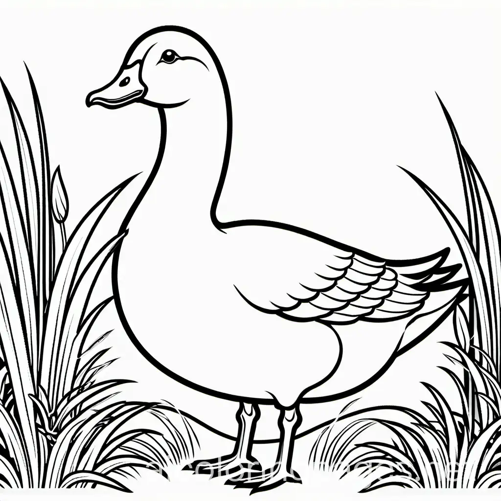 goose in grass, Coloring Page, black and white, line art, white background, Simplicity, Ample White Space. The background of the coloring page is plain white to make it easy for young children to color within the lines. The outlines of all the subjects are easy to distinguish, making it simple for kids to color without too much difficulty