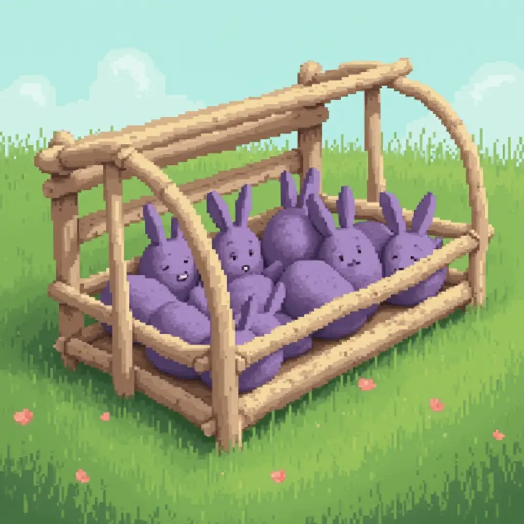 rabbit cage on a field, green grass, all rabbits purple colored.