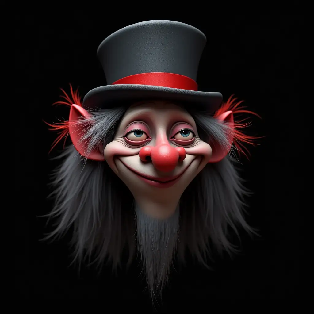 ultradetailed hyperrealistic portrait a troll with grey and red hair and a top hat, black background