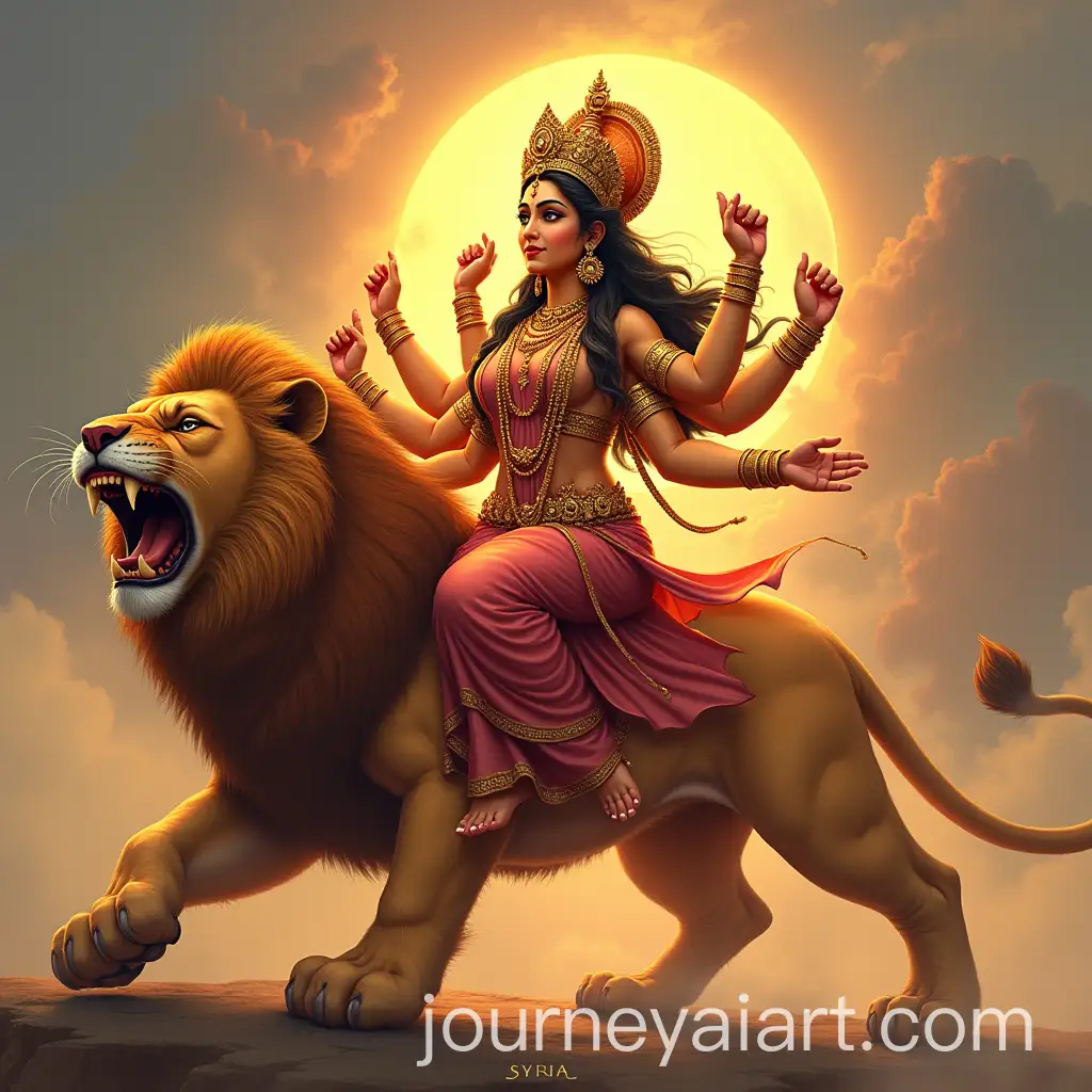 Divine-Goddess-Durga-Seated-on-Roaring-Lion-with-Eight-Arms