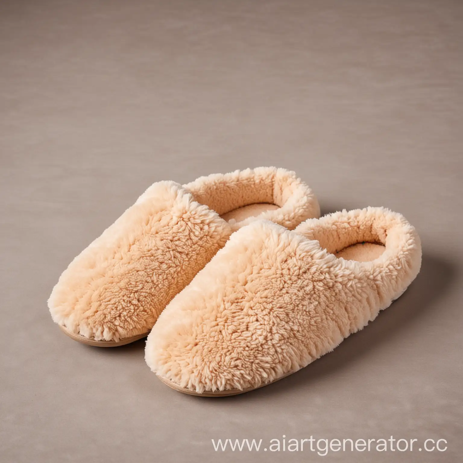 Beige-Plush-Slippers-in-Profile-on-Soft-Surface