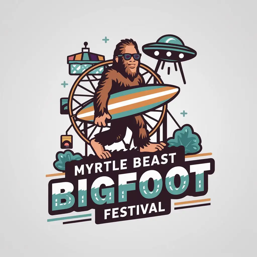 LOGO Design for Myrtle Beast Bigfoot Festival Bigfoot with Sunglasses Surfboard Ferris Wheel UFO Theme