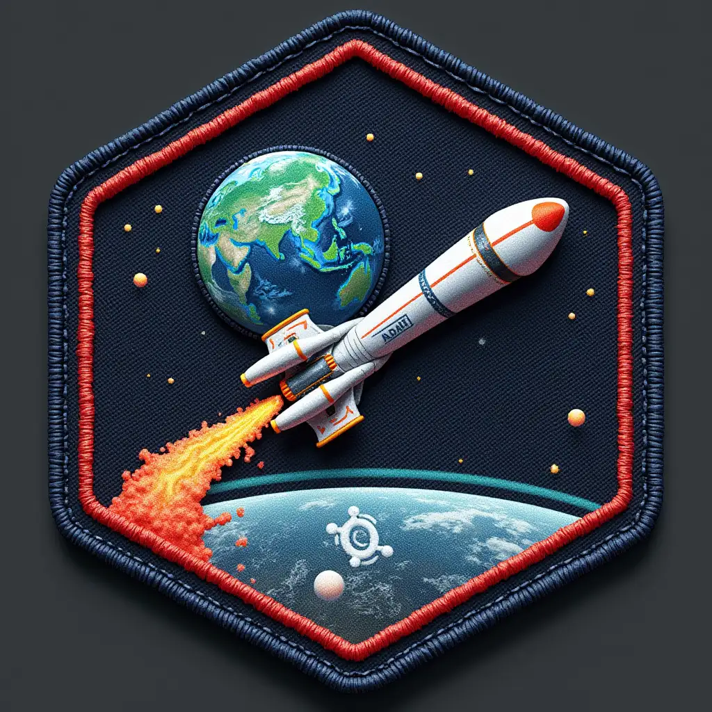 spaceship patch with hexagonal shape, retro style, earth in the background, including the logo of AMSAT-EA and including graphene logo. Something like those premises