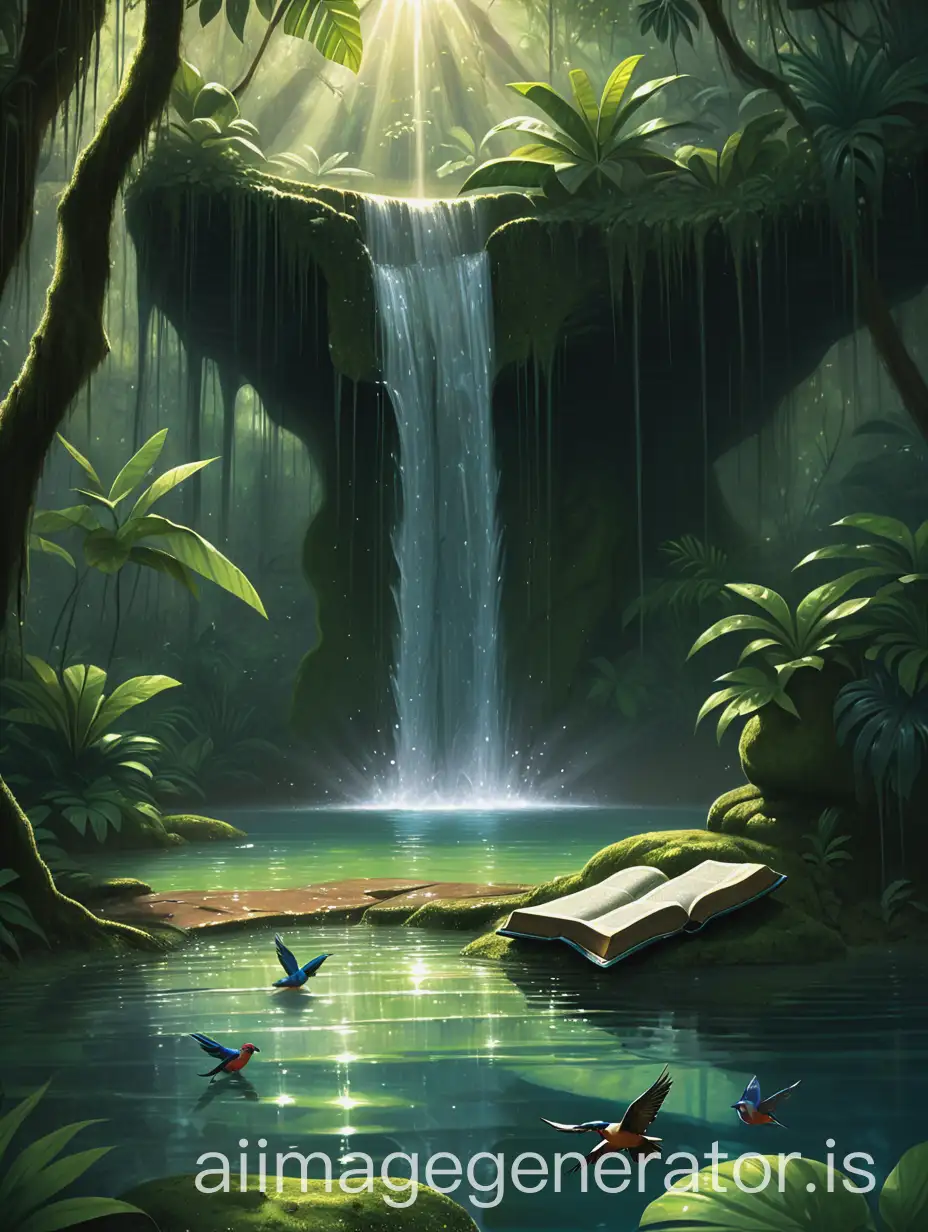 In a lush, tropical rainforest, a hidden waterfall cascades into a crystal-clear pool. Nearby, a flat rock covered in soft moss holds an open Bible. Sunlight streams through the dense canopy, creating a dance of light and shadows on the water. The air is filled with the sounds of exotic birds and the gentle roar of the waterfall, creating a sense of paradise.