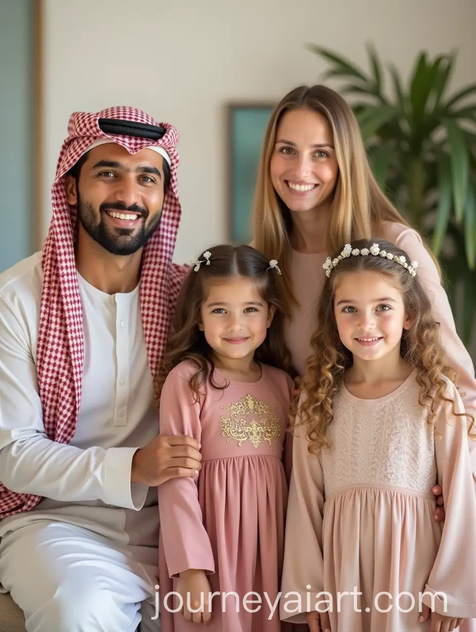 Saudi-Arabian-Family-in-Traditional-National-Dresses-with-Three-Children